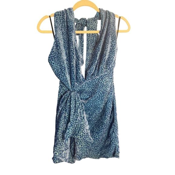NEW NBD x Revolve Pari Mini Dress Blue Halter Flocked Animal Print Sz Small - Picture 7 of 12